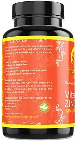 قرص های ویتامین C، زینک و ویتامین D فرش استارت نوتریشن - 180 قرص گیاهی برای آقایان و بانوان - برای حفظ عملکرد طبیعی سیستم ایمنی - تامین 6 ماهه - ساخت انگلستان
