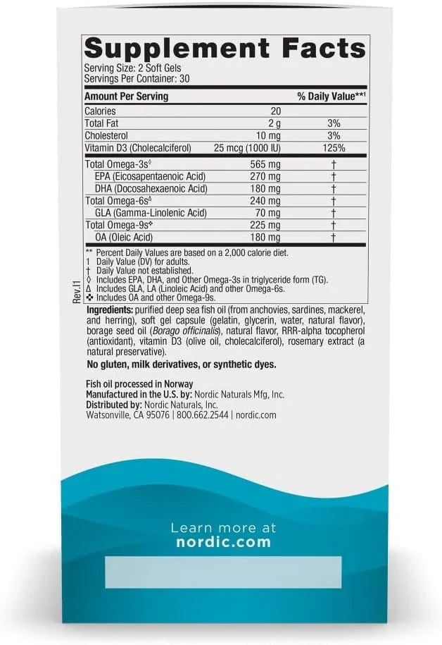 نوردیک نچرالز امگا 3-6-9 کامل با ویتامین D، 1000 میلی گرم، 60 سافت ژل