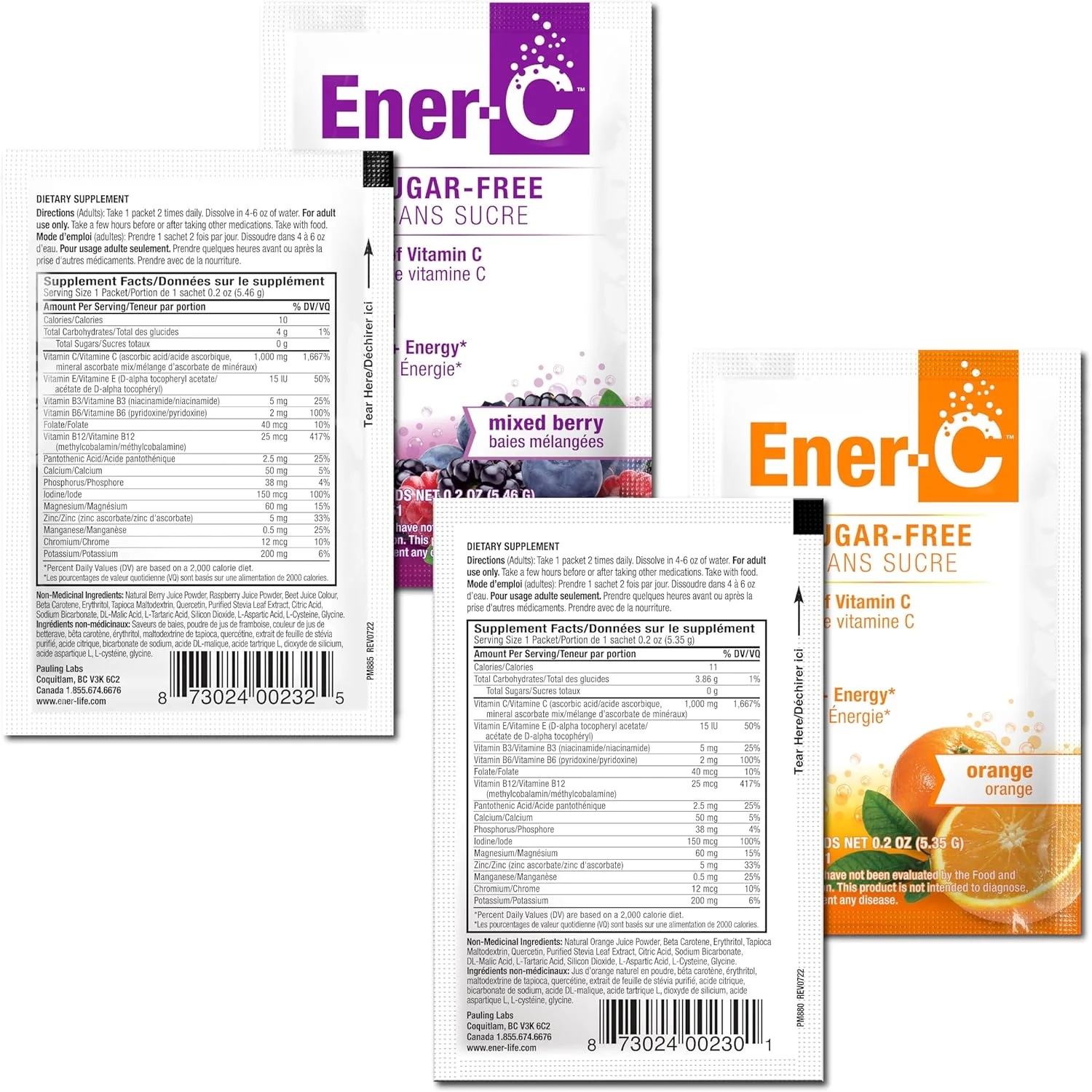 پودر مخلوط نوشیدنی مولتی ویتامین انرژی زا بدون شکر با طعم توت مخلوط و پرتقال Ener-C حاوی ویتامین C 1000 میلی گرم و الکترولیت ها - پشتیبانی طبیعی از سیستم ایمنی با پودرهای آب میوه واقعی، غیر GMO، وگان و بدون گلوتن - 60 عدد