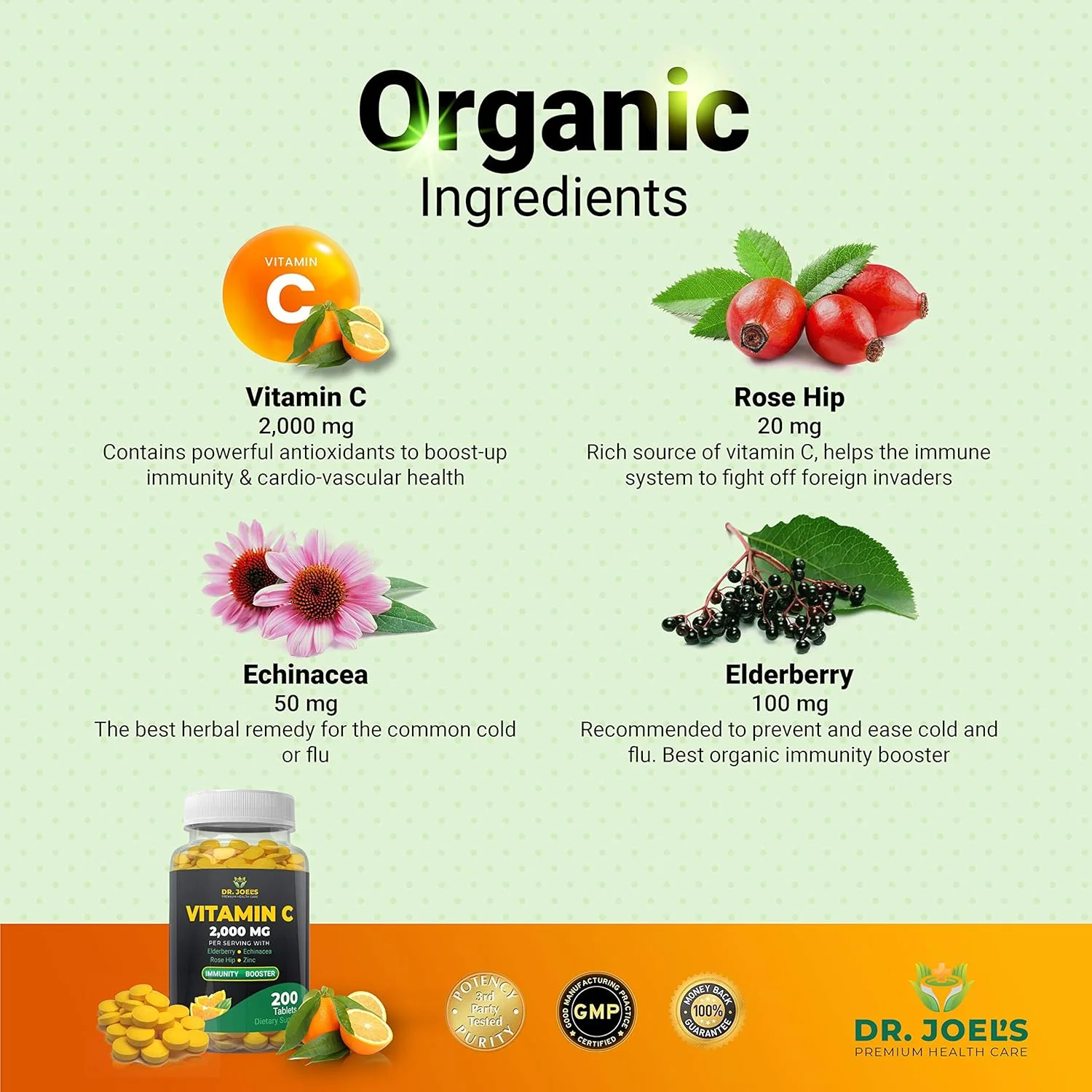 ویتامین C 2000 میلی گرم دکتر جوئل برای تقویت سیستم ایمنی - 200 قرص - حاوی زینک، الدربری، رز هیپ، اکیناسه - تقویت کننده سیستم ایمنی - ساخت آمریکا