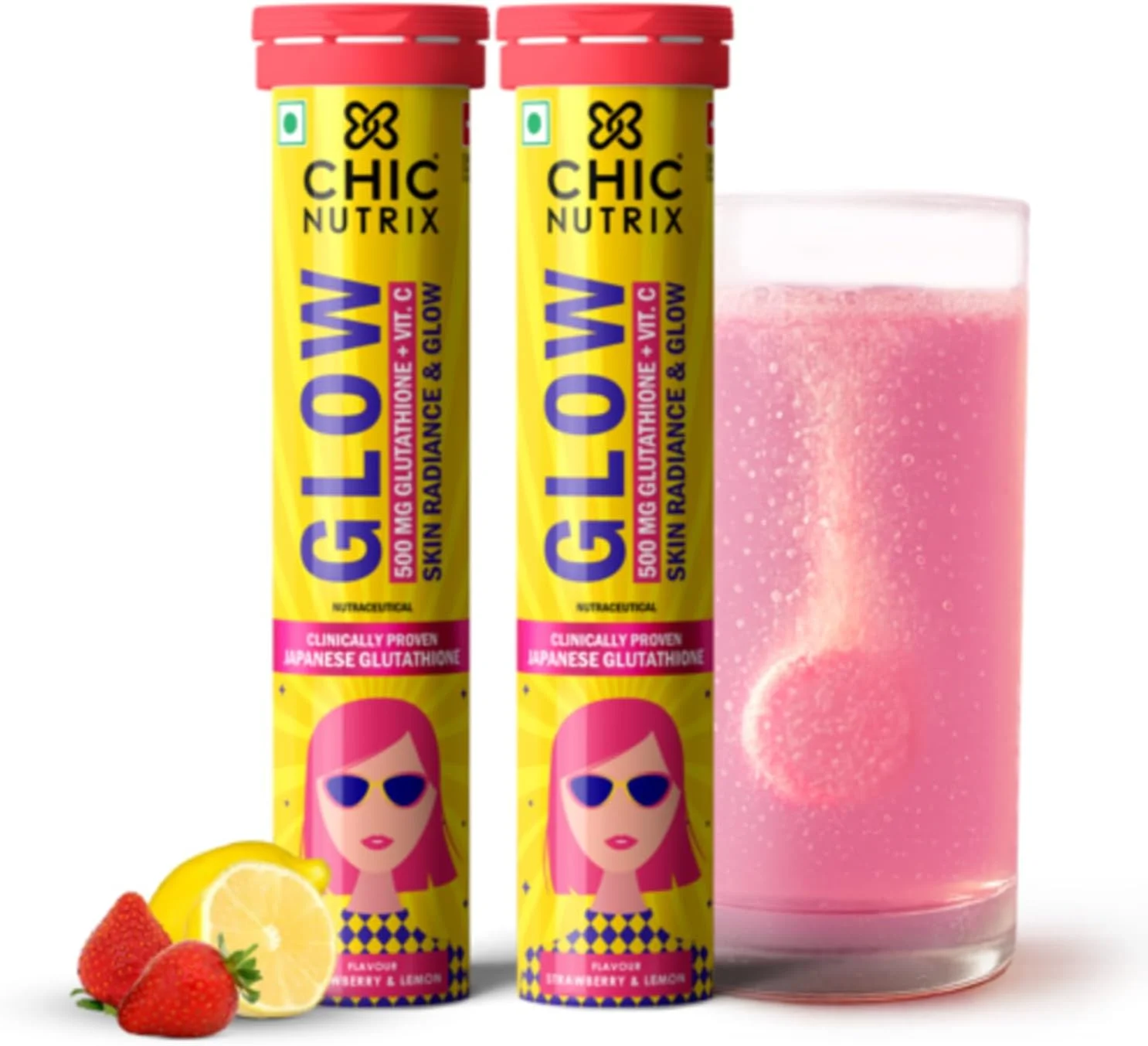 قرص جوشان گلوتاتیون Chicnutrix Glow با ویتامین C | گلوتاتیون ژاپنی 500 میلی گرم برای پوست درخشان، یکدست و براق | بدون شکر | طعم توت فرنگی لیمو، 20 عدد (بسته 2 عددی)