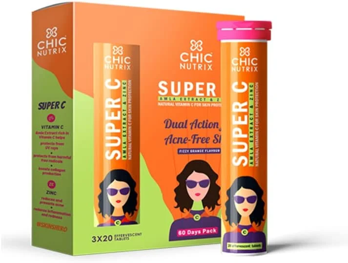 چیک‌ناتریکس سوپر سی - ویتامین C طبیعی و زینک برای پوست شفاف و بدون جوش | 1000 میلی‌گرم عصاره آملا | برای زنان و انواع پوست | طعم پرتقال | 60 قرص جوشان