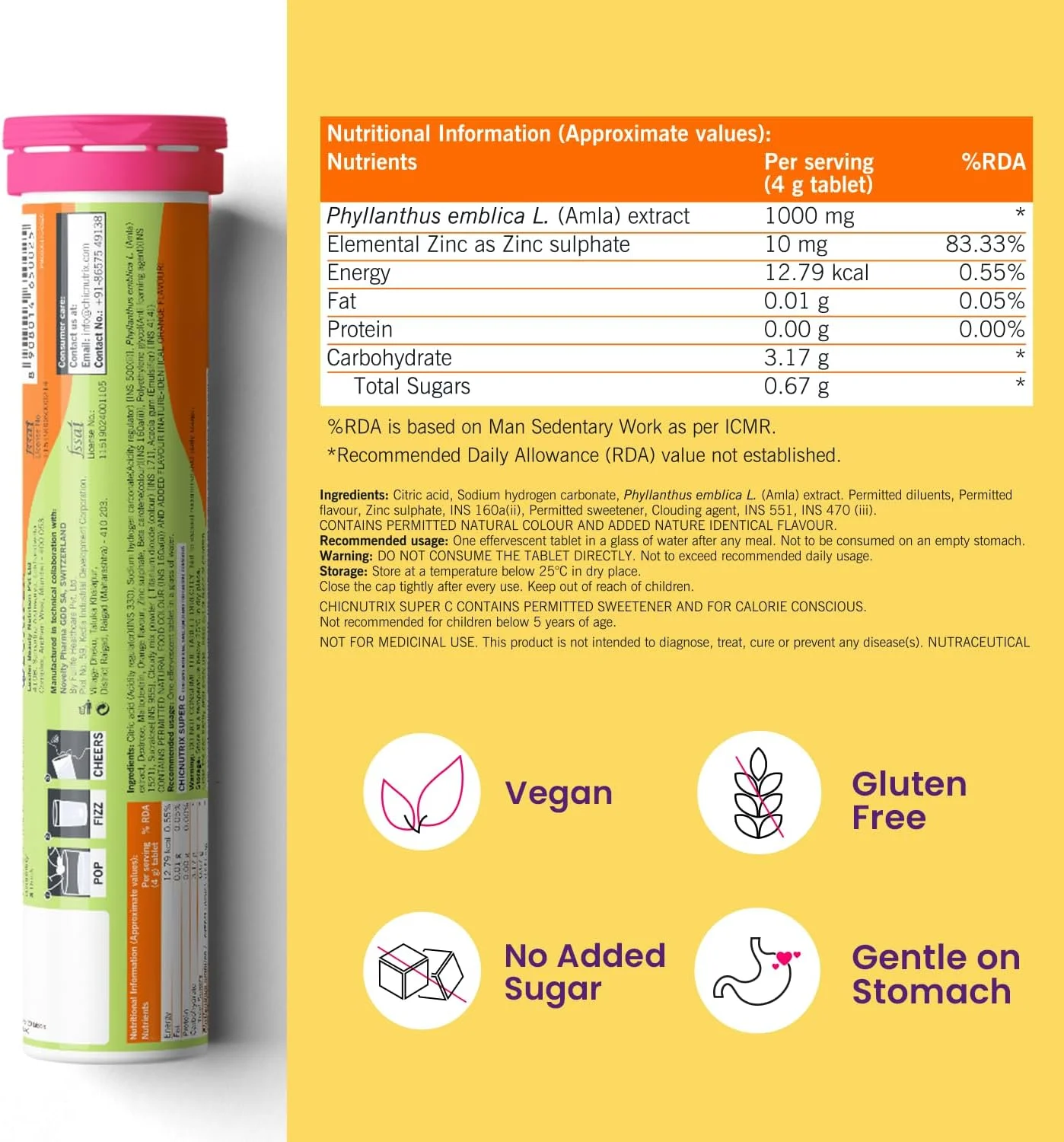 چیک‌ناتریکس سوپر سی - ویتامین C طبیعی و زینک برای پوست شفاف و بدون جوش | 1000 میلی‌گرم عصاره آملا | برای زنان و انواع پوست | طعم پرتقال | 60 قرص جوشان