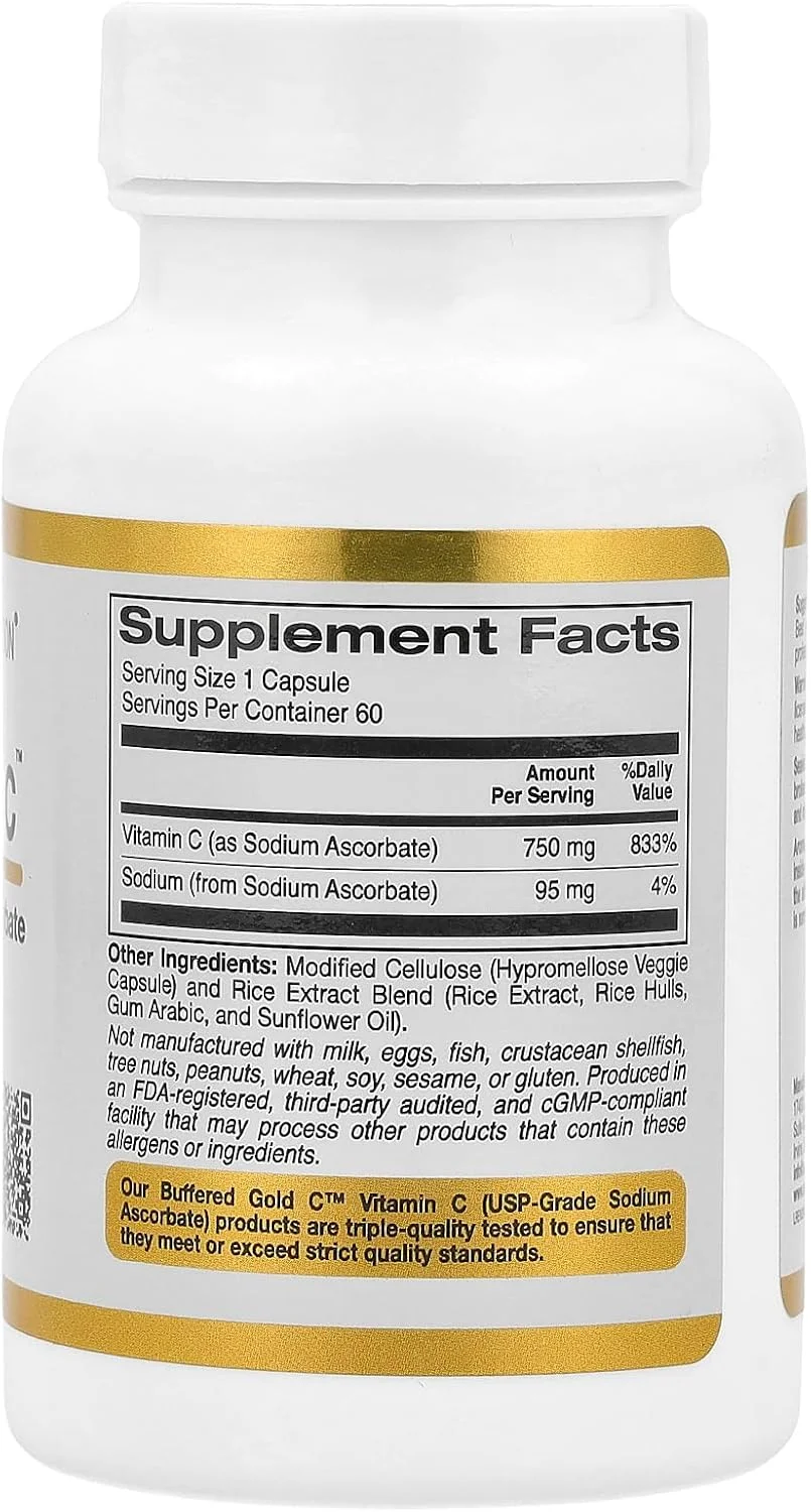 کپسول های ویتامین C بافر شده California Gold Nutrition، 750 میلی گرم، 60 عدد گیاهی