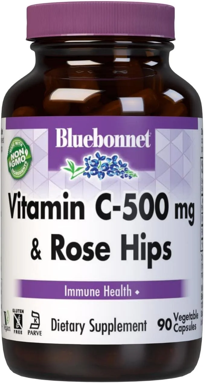 کپسول های ویتامین C 500 میلی گرم به همراه گل رز هیپ BlueBonnet Nutrition، برای سلامت سیستم ایمنی، برای محافظت آنتی اکسیدانی، بدون سویا، بدون گلوتن، غیر GMO، کوشر، بدون لبنیات، وگان، 90 عدد