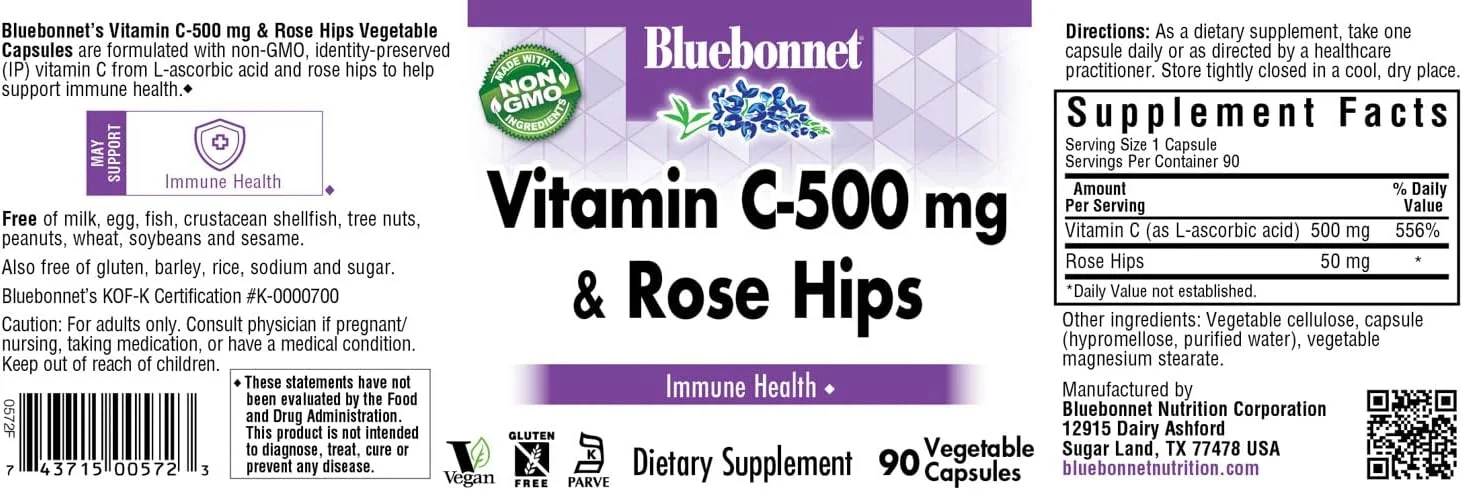 کپسول های ویتامین C 500 میلی گرم به همراه گل رز هیپ BlueBonnet Nutrition، برای سلامت سیستم ایمنی، برای محافظت آنتی اکسیدانی، بدون سویا، بدون گلوتن، غیر GMO، کوشر، بدون لبنیات، وگان، 90 عدد