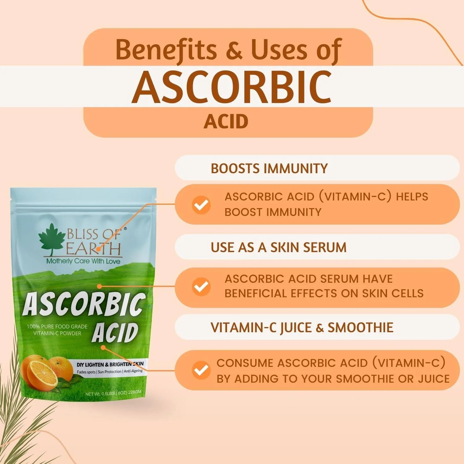 پودر آسکوربیک اسید ارگانیک و خالص برای لکه‌های تیره، تقویت کلاژن، تقویت مو و ناخن، پشتیبانی از ایمنی و محافظت از پوست برای داشتن چهره و پوستی جوان و درخشان - 2x453 گرم