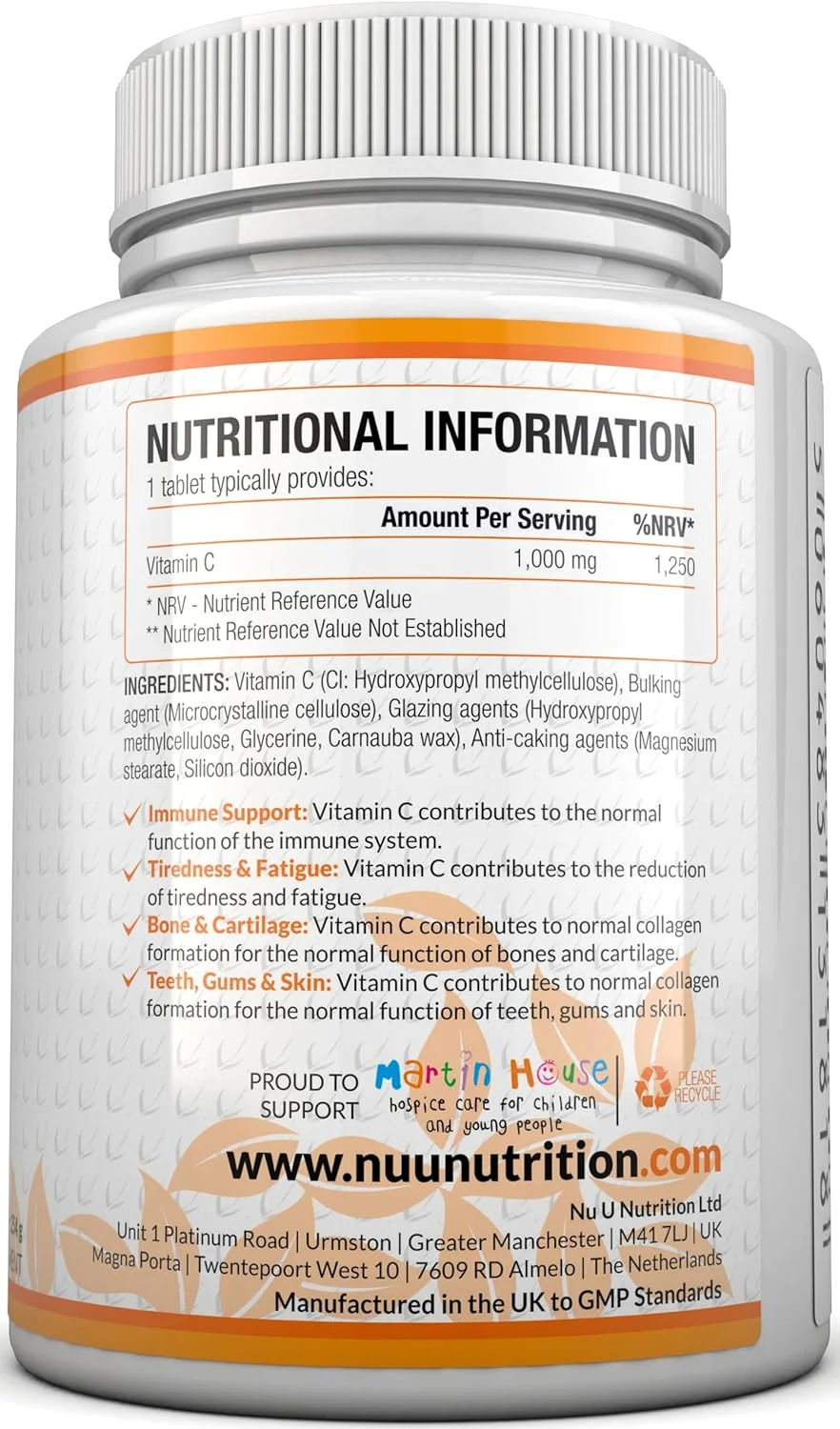 ویتامین C ۱۰۰۰ میلی گرم | ۱۸۰ قرص (تامین ۶ ماهه) | آسکوربیک اسید، مناسب برای گیاهخواران توسط Nu U Nutrition