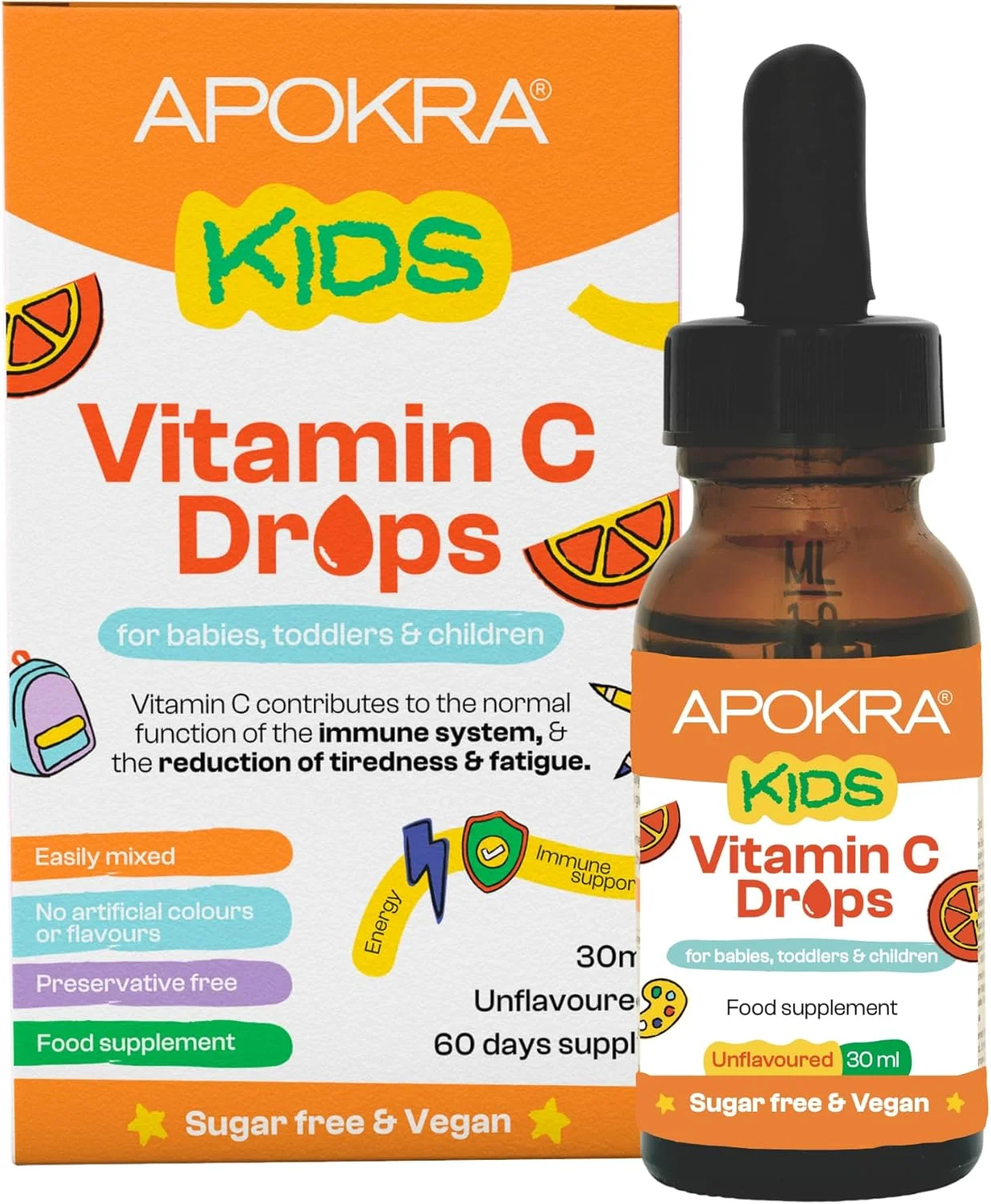 قطره ویتامین C آپوکرا - وگان - تامین 60 روزه - 30 میلی لیتر - بدون مواد نگهدارنده و بدون شکر، ویتامین C برای کودکان - ویتامین C 25 میلی گرم در هر 0.5 میلی لیتر | Memoraid Kids