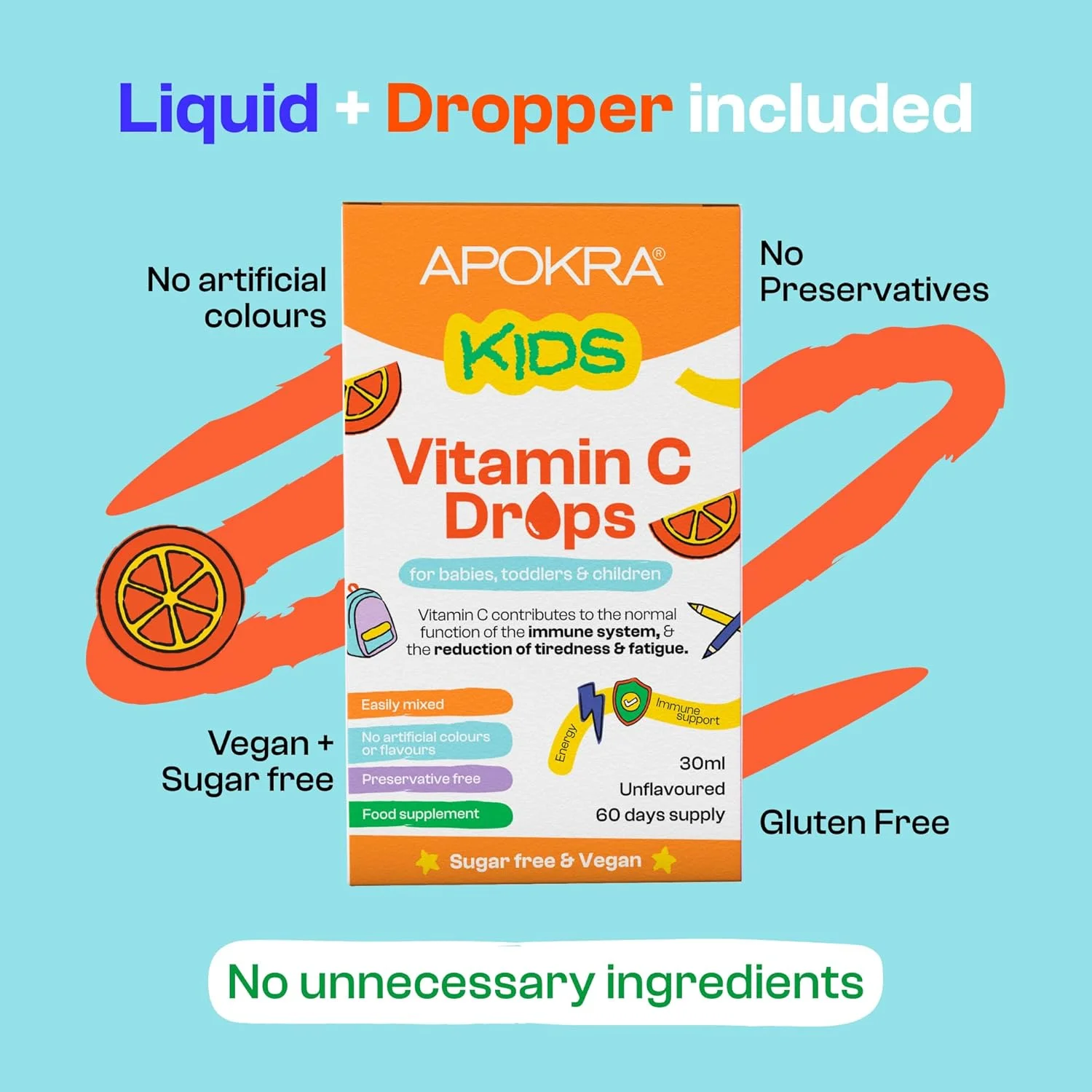 قطره ویتامین C آپوکرا - وگان - تامین 60 روزه - 30 میلی لیتر - بدون مواد نگهدارنده و بدون شکر، ویتامین C برای کودکان - ویتامین C 25 میلی گرم در هر 0.5 میلی لیتر | Memoraid Kids