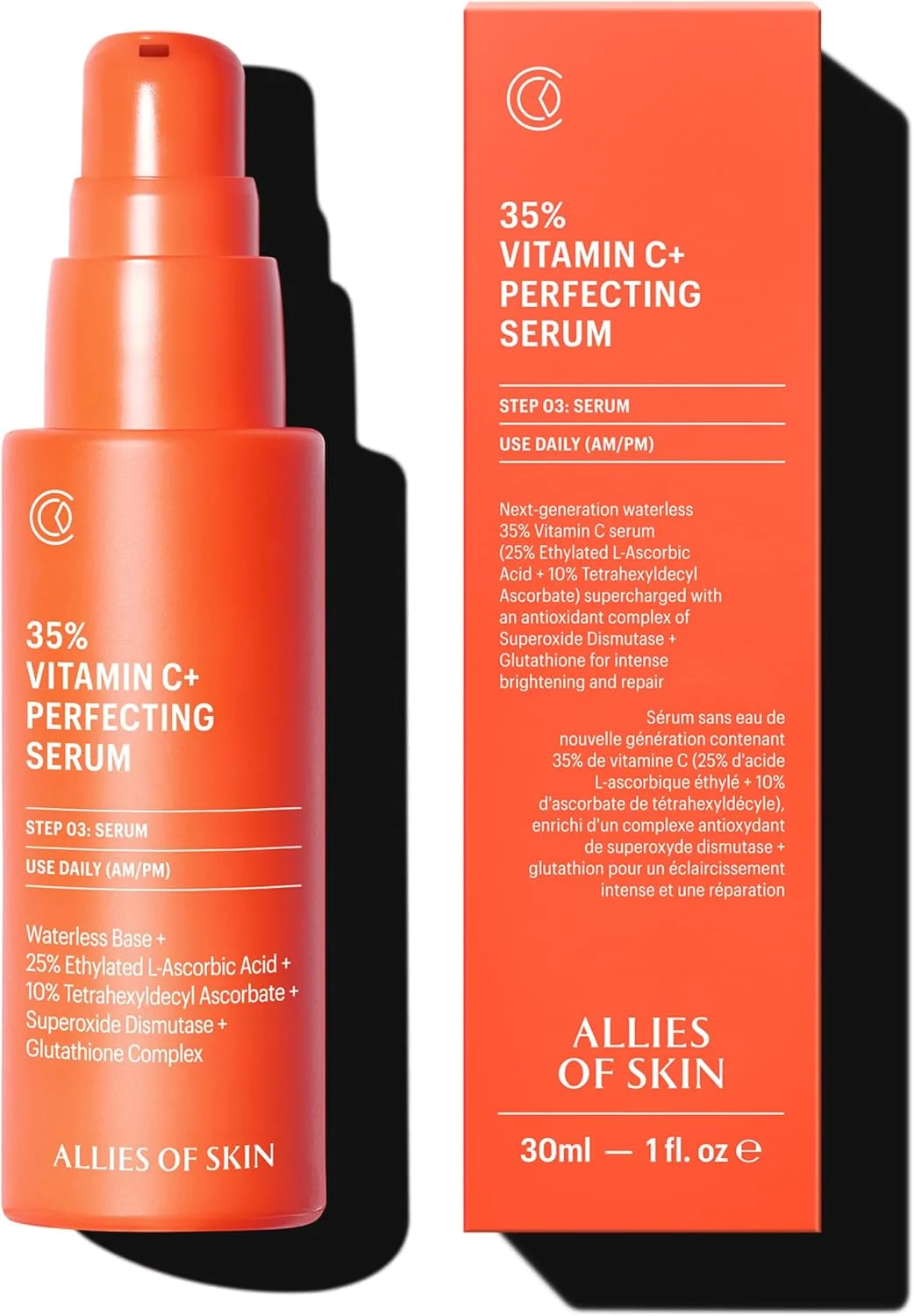 سرم بی‌آب ۳۵% ویتامین C Allies of Skin: تترا هگزیل دسیل آسکوربات + اتیل اسکوربیک اسید، گلوتاتیون، سوپراکسید دیسموتاز. آنتی اکسیدان، روشن کننده و حجم دهنده، ۳۰ میل