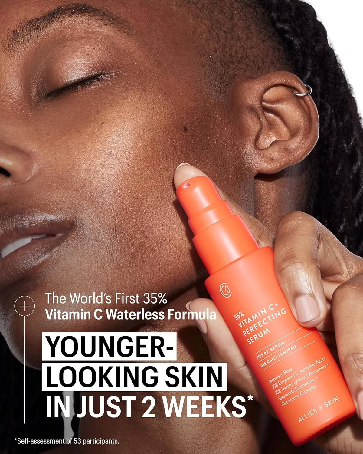 سرم بی‌آب ۳۵% ویتامین C Allies of Skin: تترا هگزیل دسیل آسکوربات + اتیل اسکوربیک اسید، گلوتاتیون، سوپراکسید دیسموتاز. آنتی اکسیدان، روشن کننده و حجم دهنده، ۳۰ میل