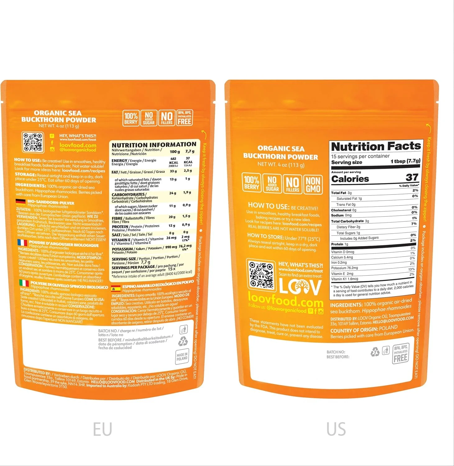 پودر میوه سنجد دریایی ارگانیک LOOV، سرشار از فیبر، امگا، ویتامین C، ویتامین E، تهیه شده از میوه کامل، 113 گرم، رشد یافته در آب و هوای نوردیک، 23 روز مصرف، بدون شکر افزوده، غیر GMO