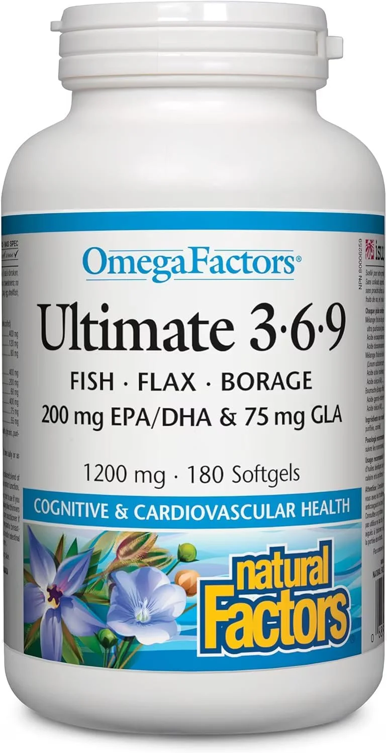 نچرال فاکتورز 1200 میلی گرم آلتیمیت امگا فاکتورز 3.6.9 روغن ماهی، تخم کتان، گل گاوزبان 180 سافت ژل