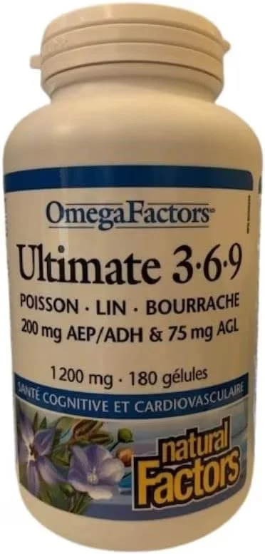 نچرال فاکتورز 1200 میلی گرم آلتیمیت امگا فاکتورز 3.6.9 روغن ماهی، تخم کتان، گل گاوزبان 180 سافت ژل