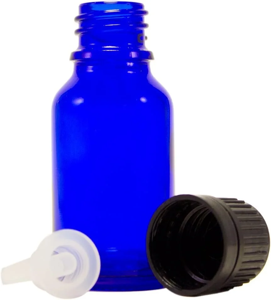 بطری شیشه ای آبی کبالت ۱۵ میلی لیتری با قطره چکان (بسته ۲۴ عددی)