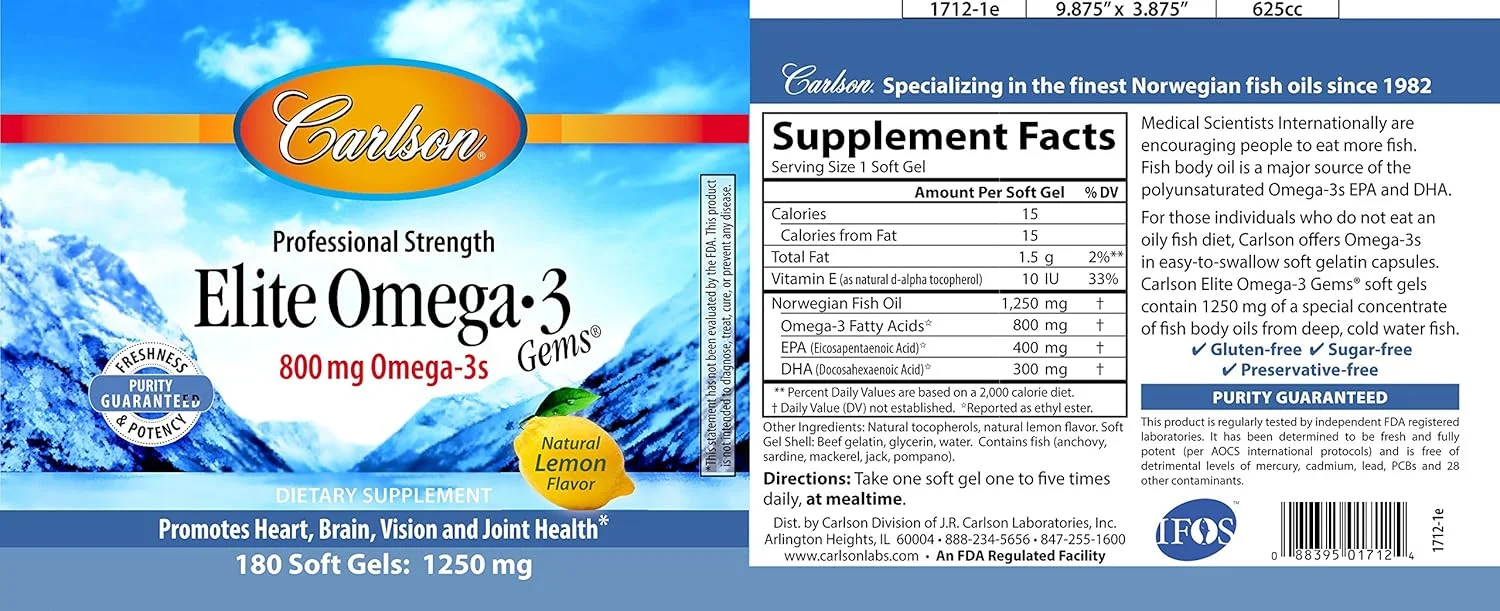 کپسول های ژله ای روغن ماهی امگا 3 الیت کارلسون، نروژی، 1600 میلی گرم امگا 3، 180 عدد