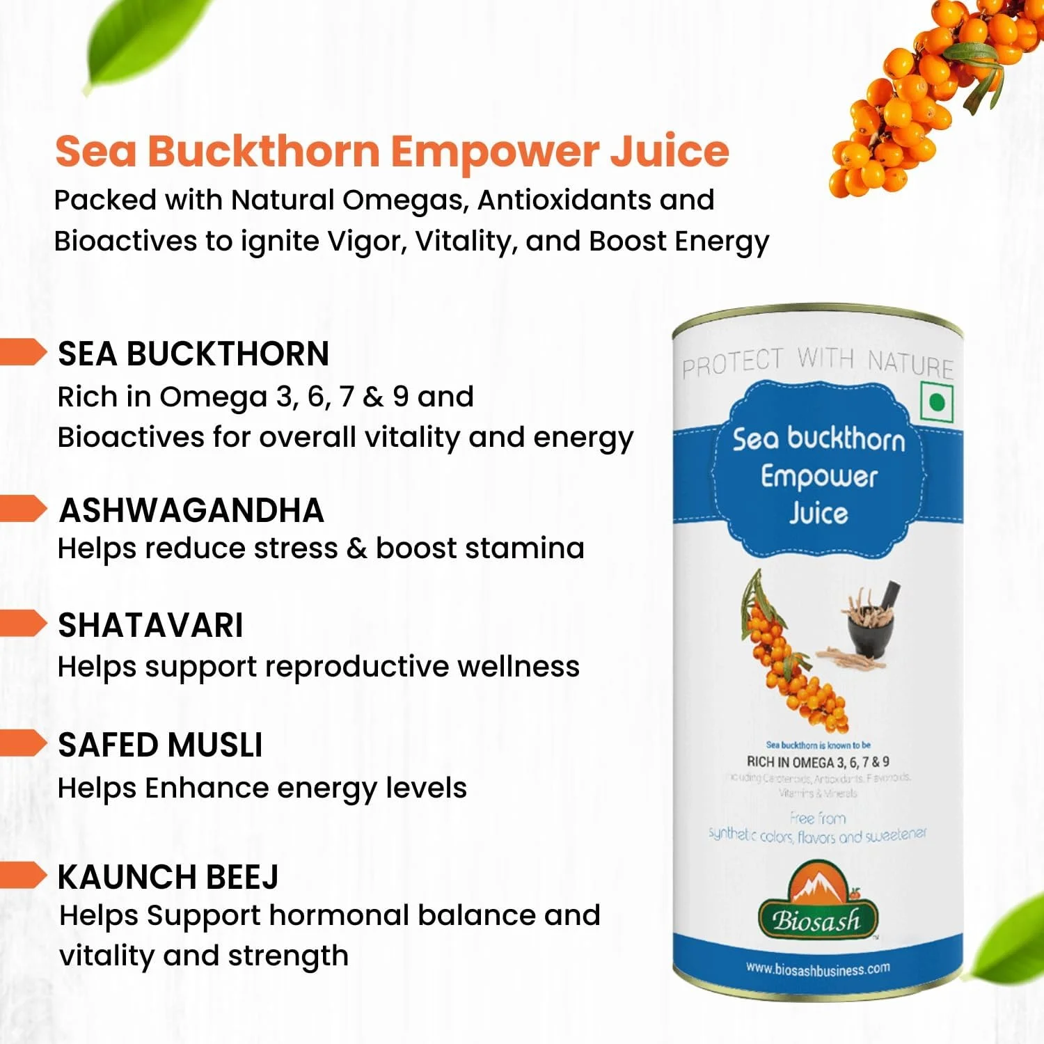 نوشیدنی سنجد دریایی هیمالیا بایوساش EMPOWER، ۲۵۰ میلی لیتر | ارگانیک تایید شده، پرس سرد | امگا 3 6 7 9، ویتامین ها و آنتی اکسیدان ها | حاوی آشواگاندا، شاتاواری، سفید موسلی، کونچ بیج | بدون شکر افزوده