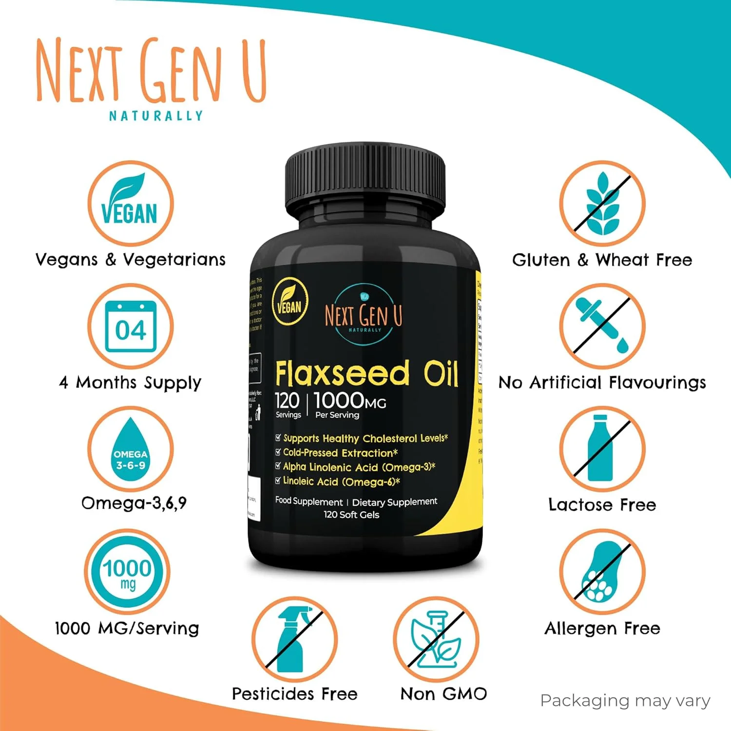 کپسول روغن تخم کتان - 1000 میلی گرم - 120 سافت ژل گیاهی - سرشار از امگا 3، 6، 9 - فرمول تخم کتان پرس سرد - تامین 4 ماهه - توسط NextGenU