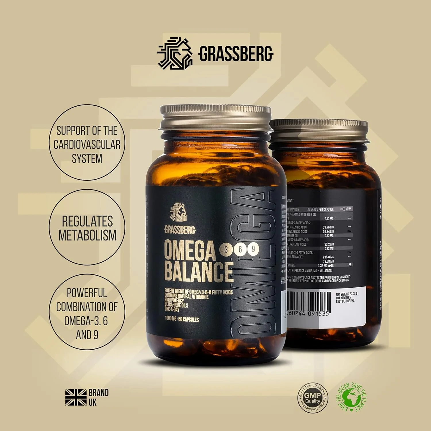 گرسبرگ امگا 3-6-9 بالانس، 1000 میلی گرم با روغن تخم کتان، روغن گل مغربی و ویتامین ای طبیعی - 60 کپسول