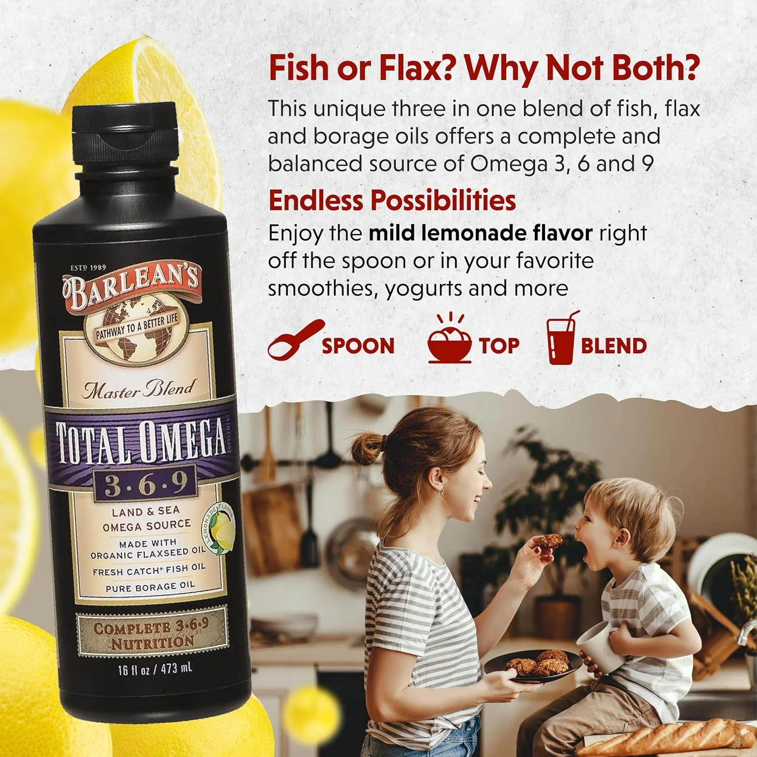 مکمل روغن ترکیبی امگا 3-6-9 با طعم لیموناد Barlean's حاوی 6468 میلی گرم امگا 3 EPA/DHA/ALA - غیر تراریخته، بدون گلوتن - 473 میلی لیتر