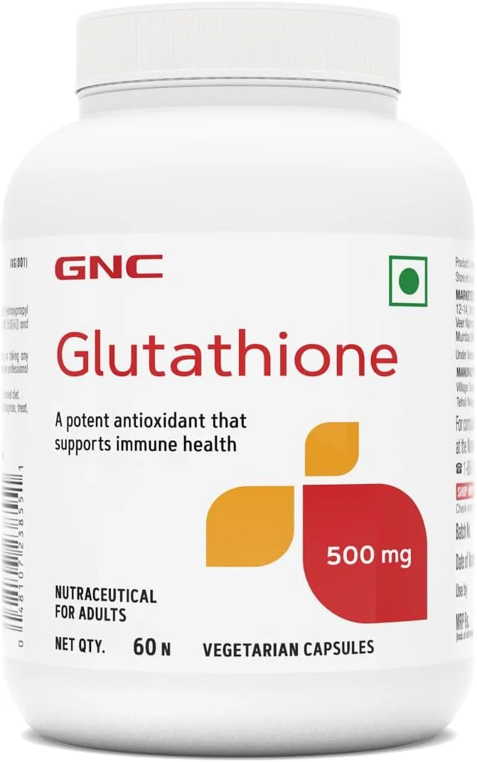 کپسول گلوتاتیون 500 میلی گرم GNC به همراه ویتامین C برای پوست شفاف و درخشان | کاهش لکه های تیره و رنگدانه های ملانین | تقویت ایمنی | مبارزه با آلودگی و آسیب اشعه ماوراء بنفش | برای آقایان و بانوان | 60 کپسول گیاهی