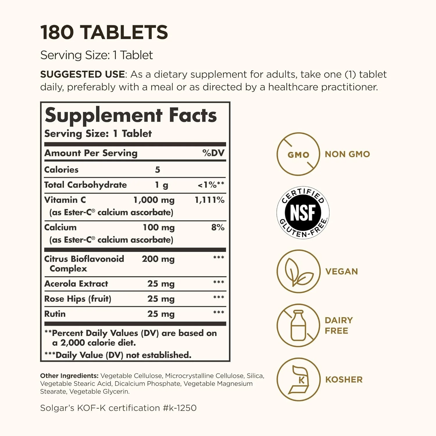 سولگار استر-سی پلاس 1000 میلی گرم ویتامین C (کمپلکس آسکوربات)، 180 قرص - ملایم بر روی معده و غیر اسیدی - آنتی اکسیدان و پشتیبانی از سیستم ایمنی - غیر GMO، وگان، بدون گلوتن، کوشر - 180 سروینگ