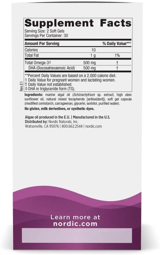 نوردیک نچرالز DHA دوران بارداری گیاهی، بدون طعم - 60 سافت ژل - 500 میلی گرم DHA گیاهی - پشتیبانی از رشد مغز در نوزادان و بارداری سالم - غیر GMO - 30 سروینگ