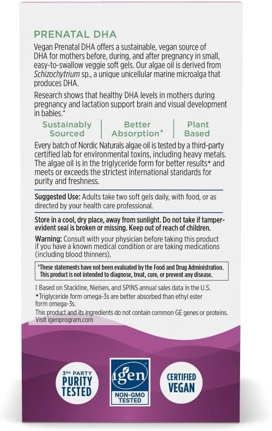 نوردیک نچرالز DHA دوران بارداری گیاهی، بدون طعم - 60 سافت ژل - 500 میلی گرم DHA گیاهی - پشتیبانی از رشد مغز در نوزادان و بارداری سالم - غیر GMO - 30 سروینگ