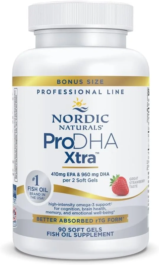 نوردیک نچرالز ProDHA 1000، توت فرنگی - 90 سافت ژل - 1660 میلی گرم امگا 3 - فرمول DHA با شدت بالا برای سلامت عصبی، خلق و خو و حافظه - غیر GMO - 45 سروینگ