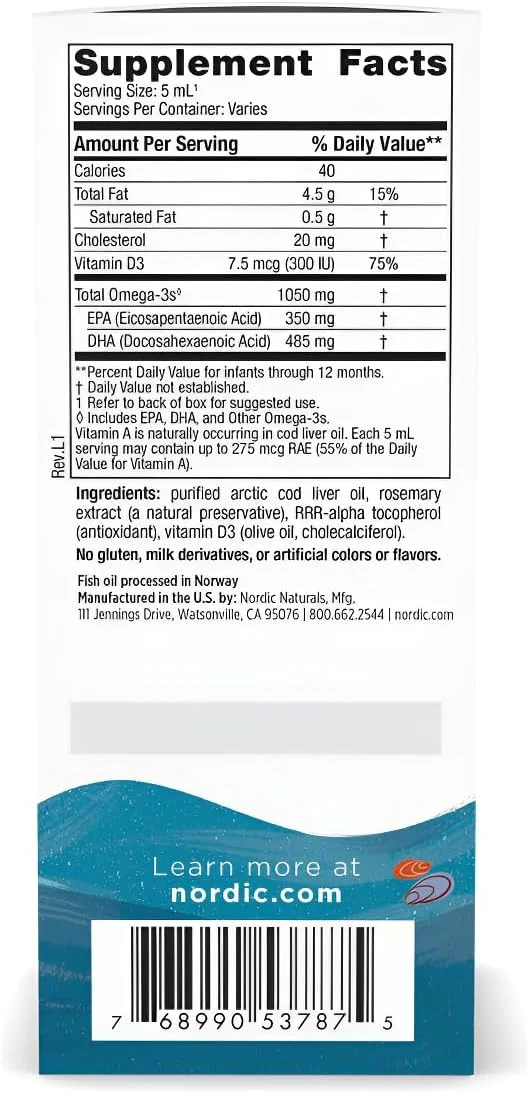 روغن DHA کودک نوردیک نچرالز - امگا از روغن جگر ماهی کاد قطب شمال، پشتیبانی از مغز، بینایی و رشد سالم، با ویتامین A و ویتامین D3، ایمن و موثر برای نوزادان، 2 اونس