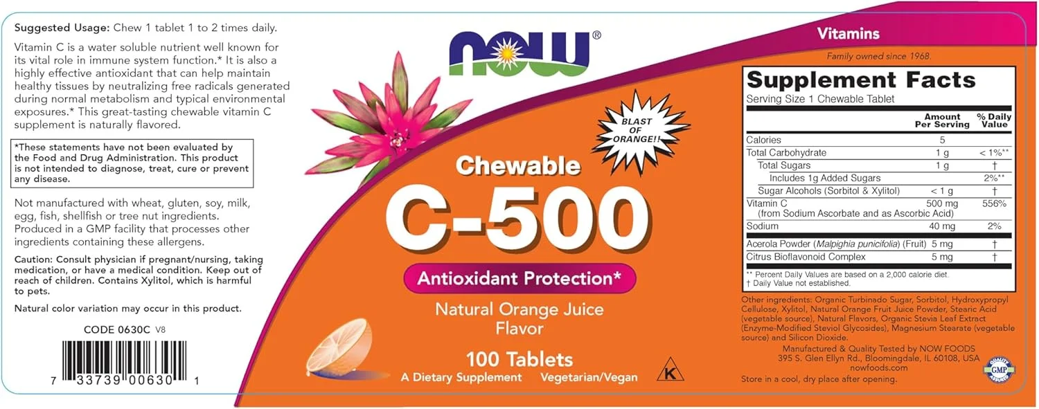 قرص جویدنی ویتامین C 500 میلی گرم ناو فودز با طعم پرتقال و زایلیتول (100 عدد)