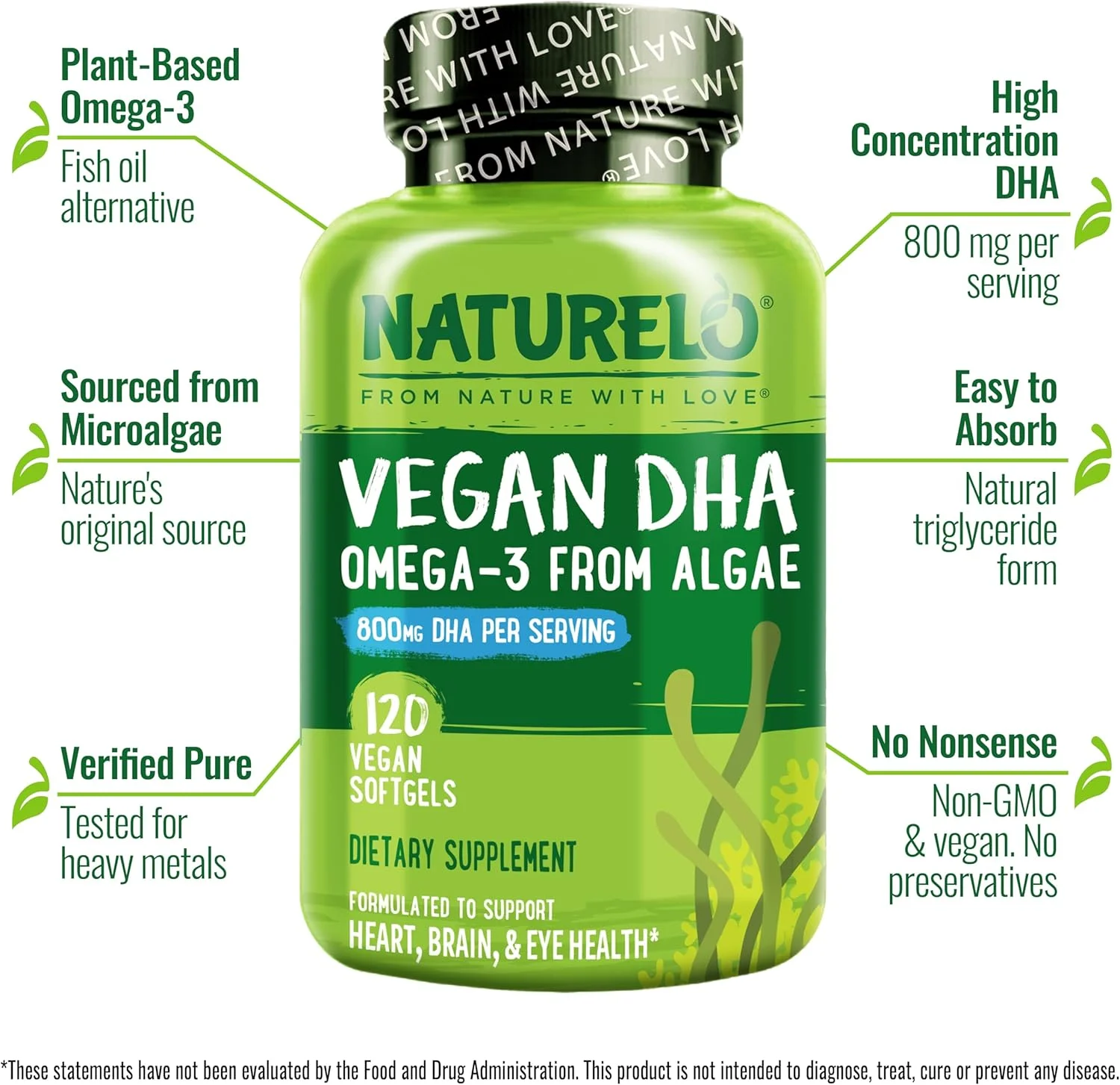 روغن DHA گیاهی NATURELO - امگا 3 از جلبک - بهترین مکمل برای سلامت مغز، قلب، مفاصل و چشم - تامین کننده اسیدهای چرب ضروری برای زنان، مردان و کودکان - مکمل ویتامین های دوران بارداری - 120 سافت ژل