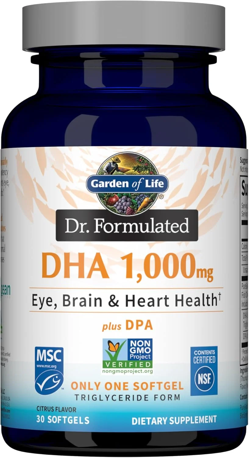روغن ماهی DHA 1000 میلی گرمی دکتر فرموله شده Garden of Life + DPA به شکل تری گلیسیرید، مکمل امگا 3 تک منبع برای سلامت چشم، مغز و قلب، لیمو، 30 عدد سافت ژل