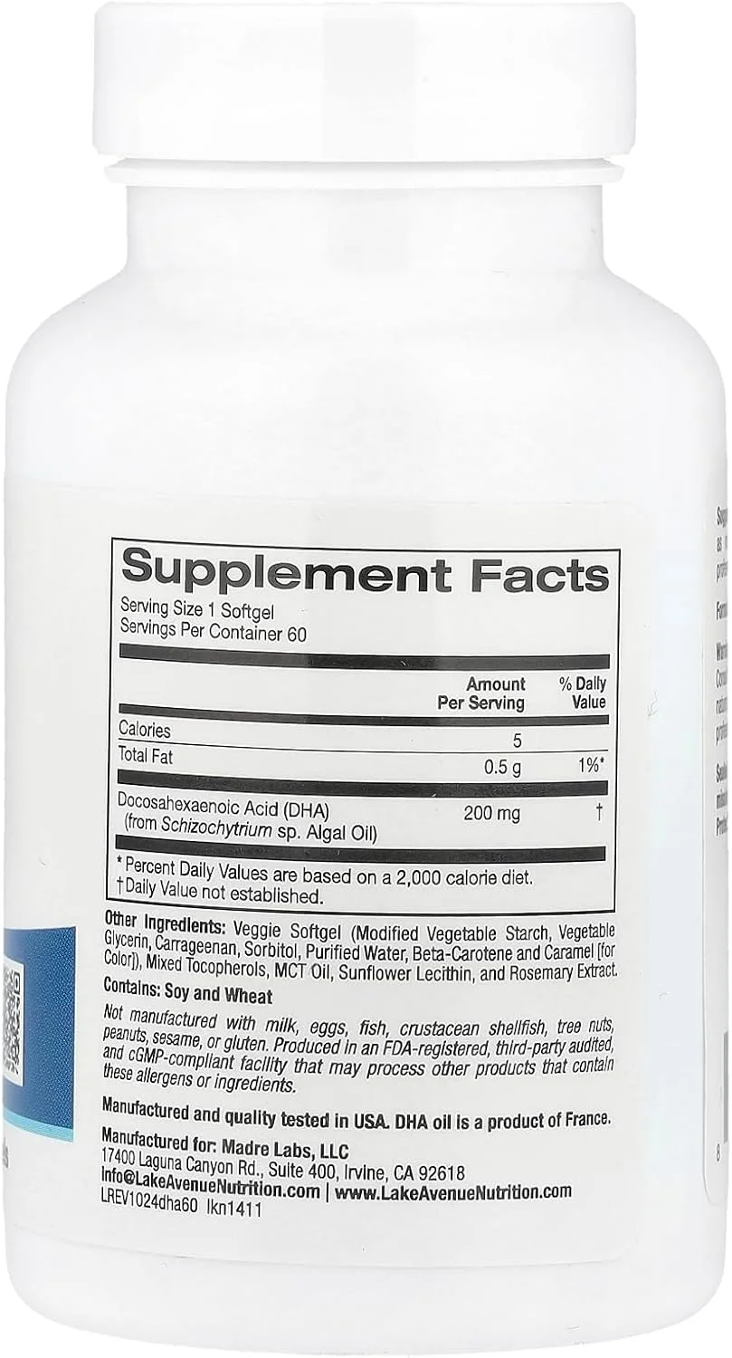 Lake Avenue Nutrition، DHA از جلبک دریایی، امگا گیاهی، 200 میلی گرم، 60 سافت ژل گیاهی