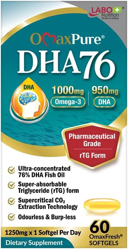 روغن ماهی امگا 3 LABO Nutrition OmaxPure DHA76، فوق غلیظ 76% 950 میلی گرم DHA، EPA، 60 عدد، گرید دارویی، فرم rTG استخراج شده با CO2 فوق بحرانی، برای سلامت قلب، مفاصل، مغز و سیستم ایمنی