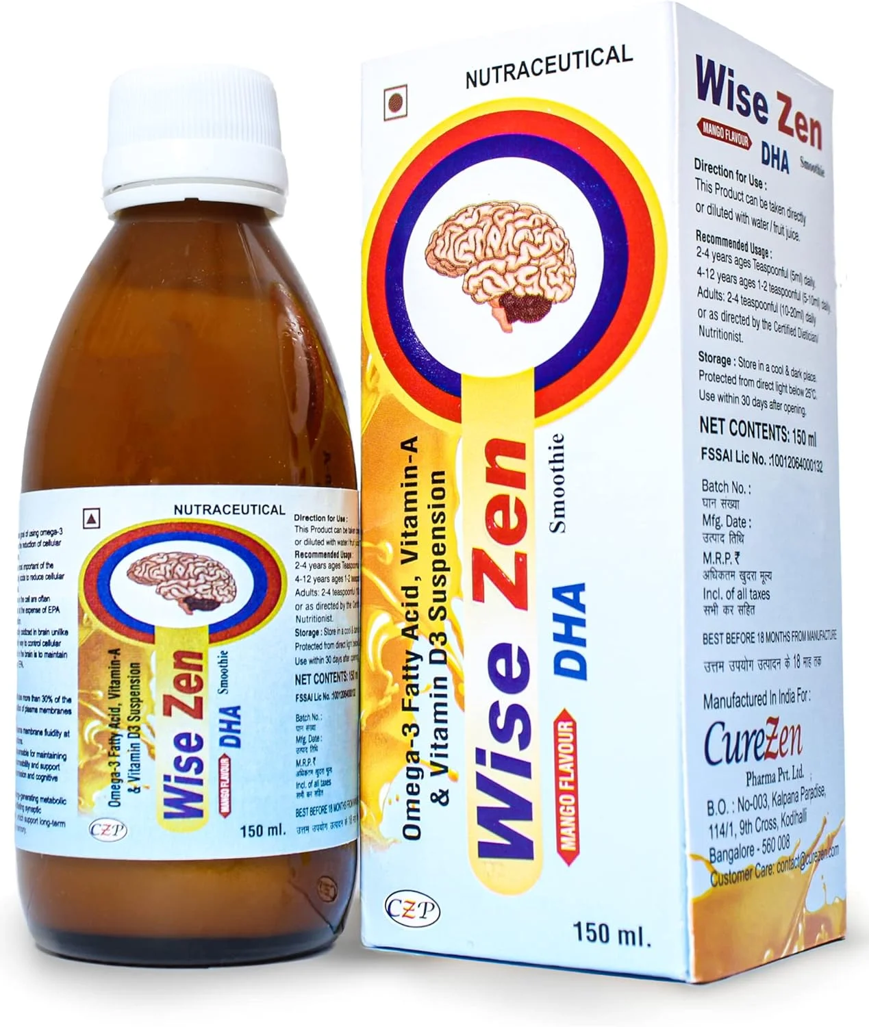 شربت DHA و EPA وایز-کیو (مناسب تمام گروه‌های سنی) | روغن ماهی امگا 3 با خلوص بالا، ویتامین A و D3 | طعم اسموتی انبه | مکمل غذایی | سوسپانسیون 150 میلی لیتری