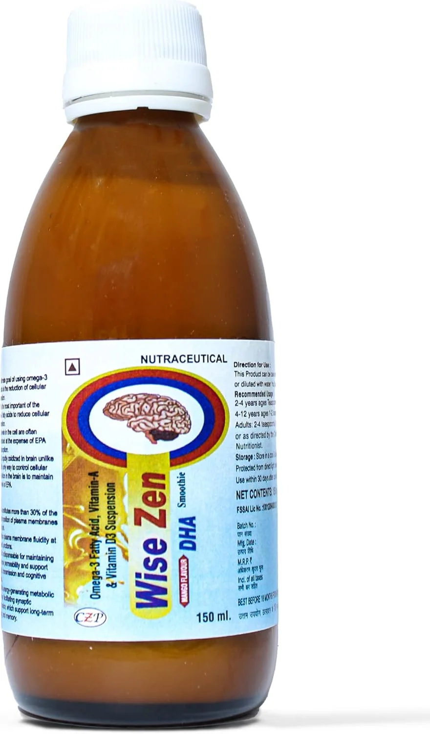 شربت DHA و EPA وایز-کیو (مناسب تمام گروه‌های سنی) | روغن ماهی امگا 3 با خلوص بالا، ویتامین A و D3 | طعم اسموتی انبه | مکمل غذایی | سوسپانسیون 150 میلی لیتری