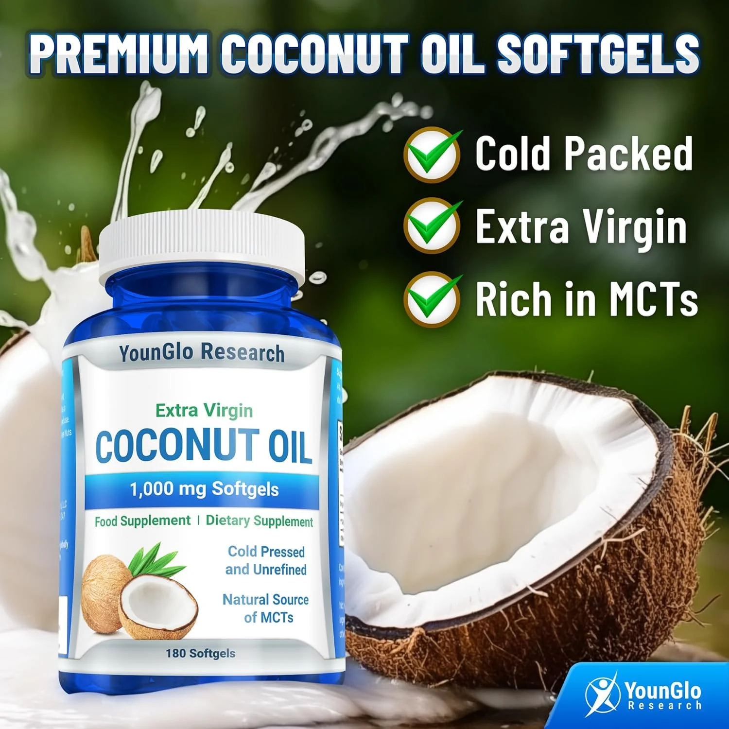 روغن نارگیل 1000 میلی گرمی، 100% روغن نارگیل ارگانیک بکر با پرس سرد، 180 کپسول ژلاتینی نرم گیاهی، مکمل غذایی مناسب کتو، پشتیبانی از سلامت مو، ناخن و پوست