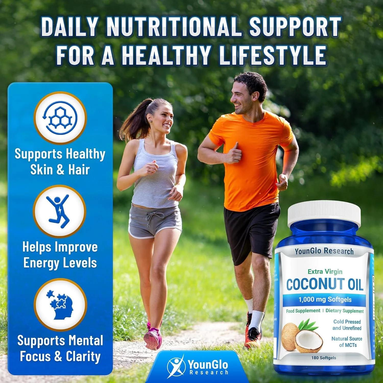 روغن نارگیل 1000 میلی گرمی، 100% روغن نارگیل ارگانیک بکر با پرس سرد، 180 کپسول ژلاتینی نرم گیاهی، مکمل غذایی مناسب کتو، پشتیبانی از سلامت مو، ناخن و پوست