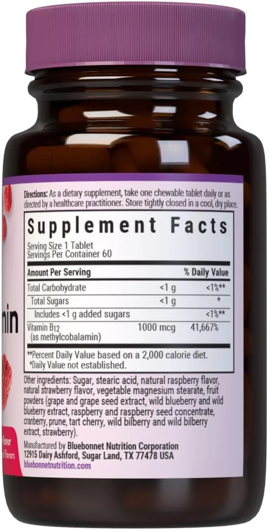 بلو بونت EarthSweet متیل کوبالامین 1000 میکروگرم، فرم کوآنزیم فعال ویتامین B12، پشتیبانی از افزایش انرژی و متابولیسم - وگان، بدون گلوتن - طعم تمشک - 60 قرص جویدنی