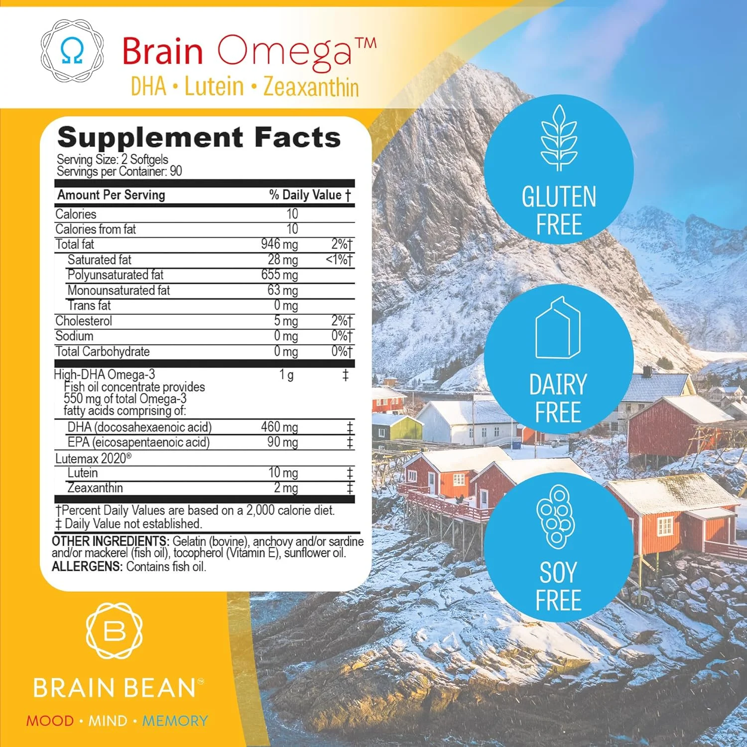 امگا مغز لوبیا | برای طول عمر و سلامت قلب | 460 میلی گرم DHA و 90 میلی گرم EPA با لوتئین و زآگزانتین | 90 سروینگ