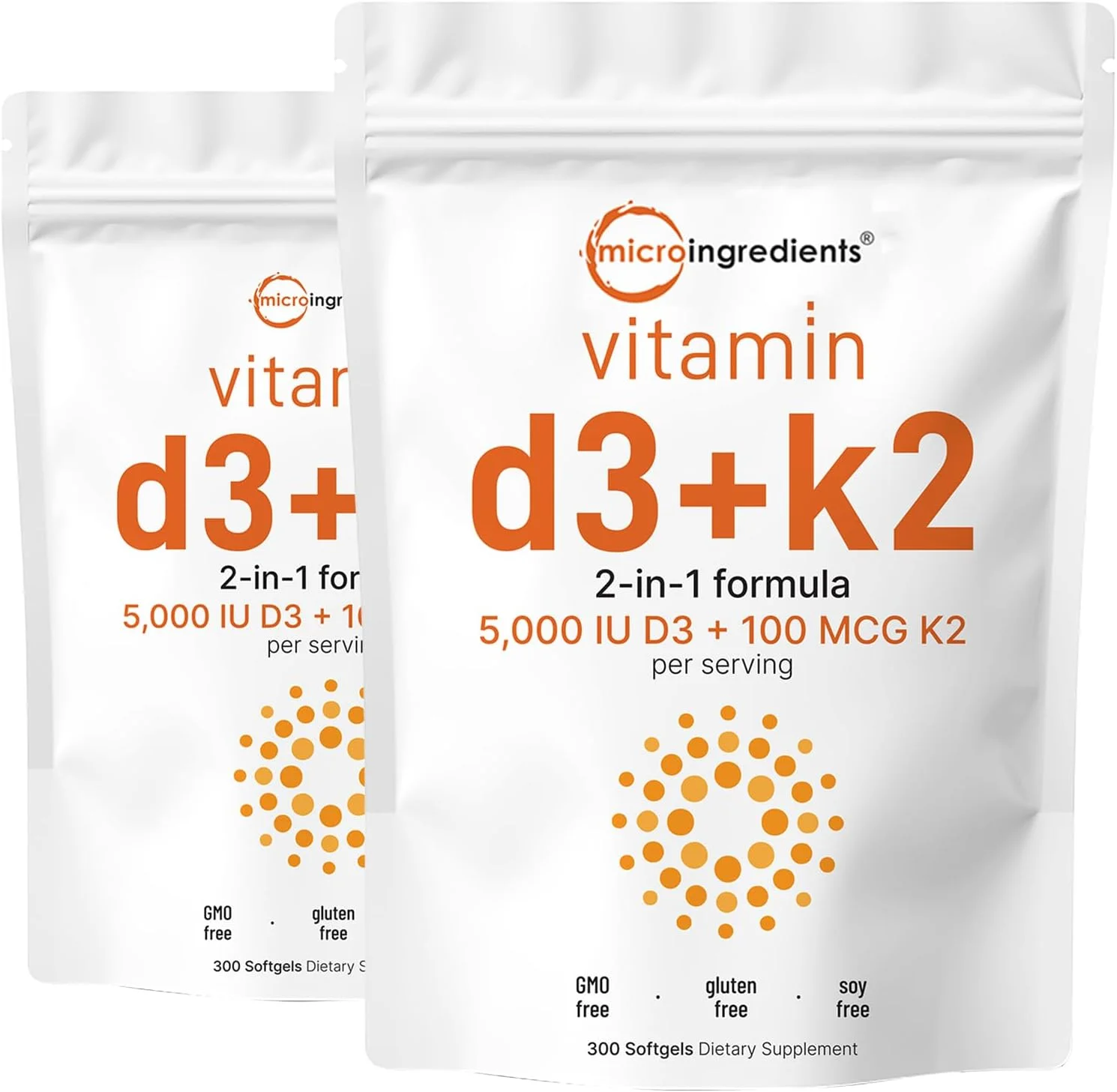 میکرو اینگرِدیِنتس ویتامین D3 5000 واحد بین المللی + K2 MK-7 100 میکروگرم، بسته 2 عددی (600 سافت ژل) | حاوی روغن آفتابگردان | پشتیبانی 2 در 1 از استخوان، سیستم ایمنی و قلب | بلع آسان، غیر تراریخته