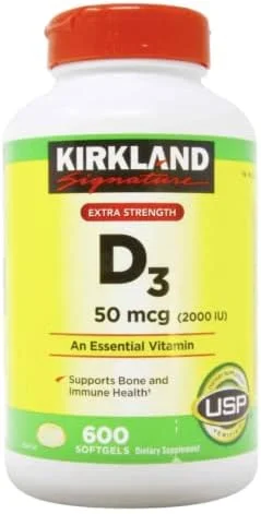 ویتامین د3 با حداکثر قدرت Kirkland Signature 2000 واحد بین المللی، 600 سافت ژل، بطری مراقبت شخصی