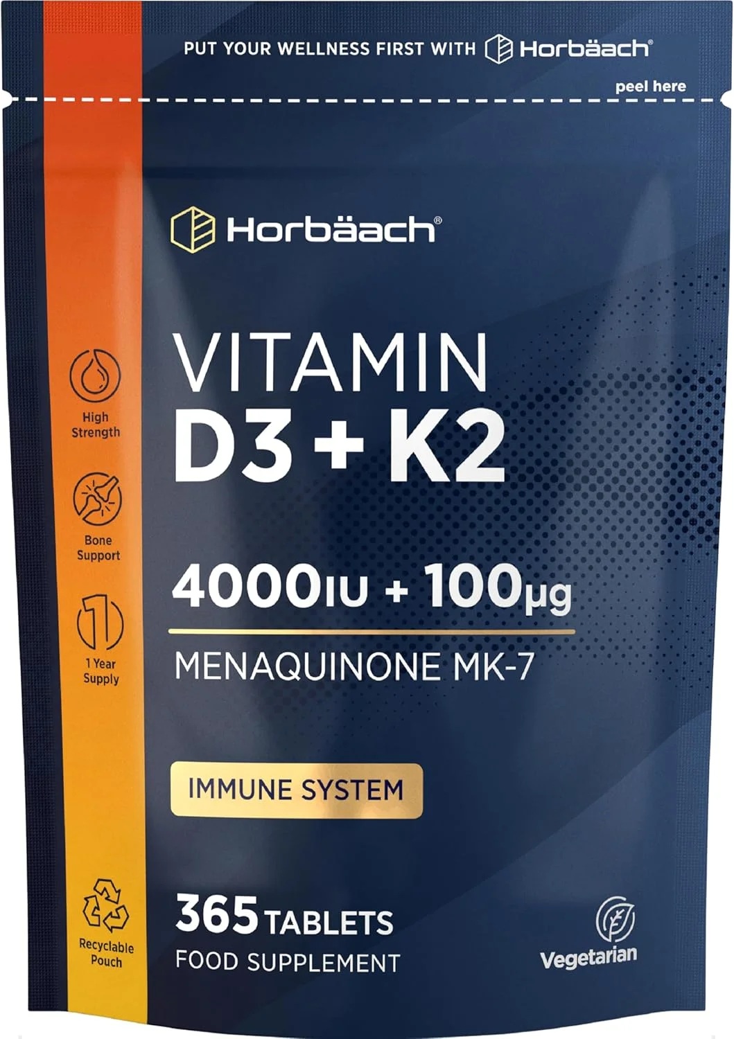 قرص های ویتامین D3 K2 با قدرت بالا هورباخ | 365 عدد | ویتامین D3 4000iu و ویتامین K2 MK7 100ug | گیاهی | بدون مواد نگهدارنده مصنوعی |