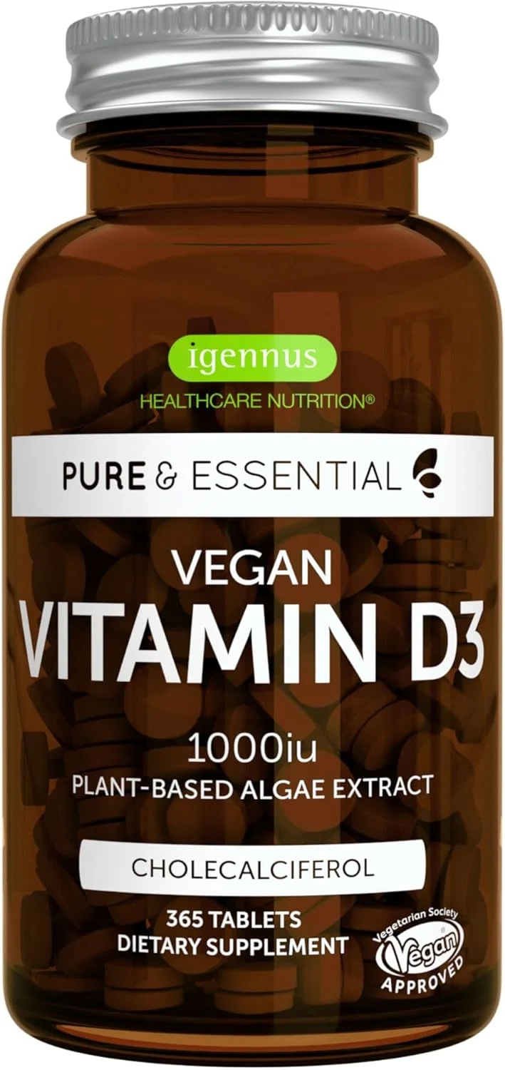 قرص ویتامین D3 گیاهی خالص Igennus Essentials، 1000IU کوله کلسیفرول، عصاره گلسنگ، 365 عدد