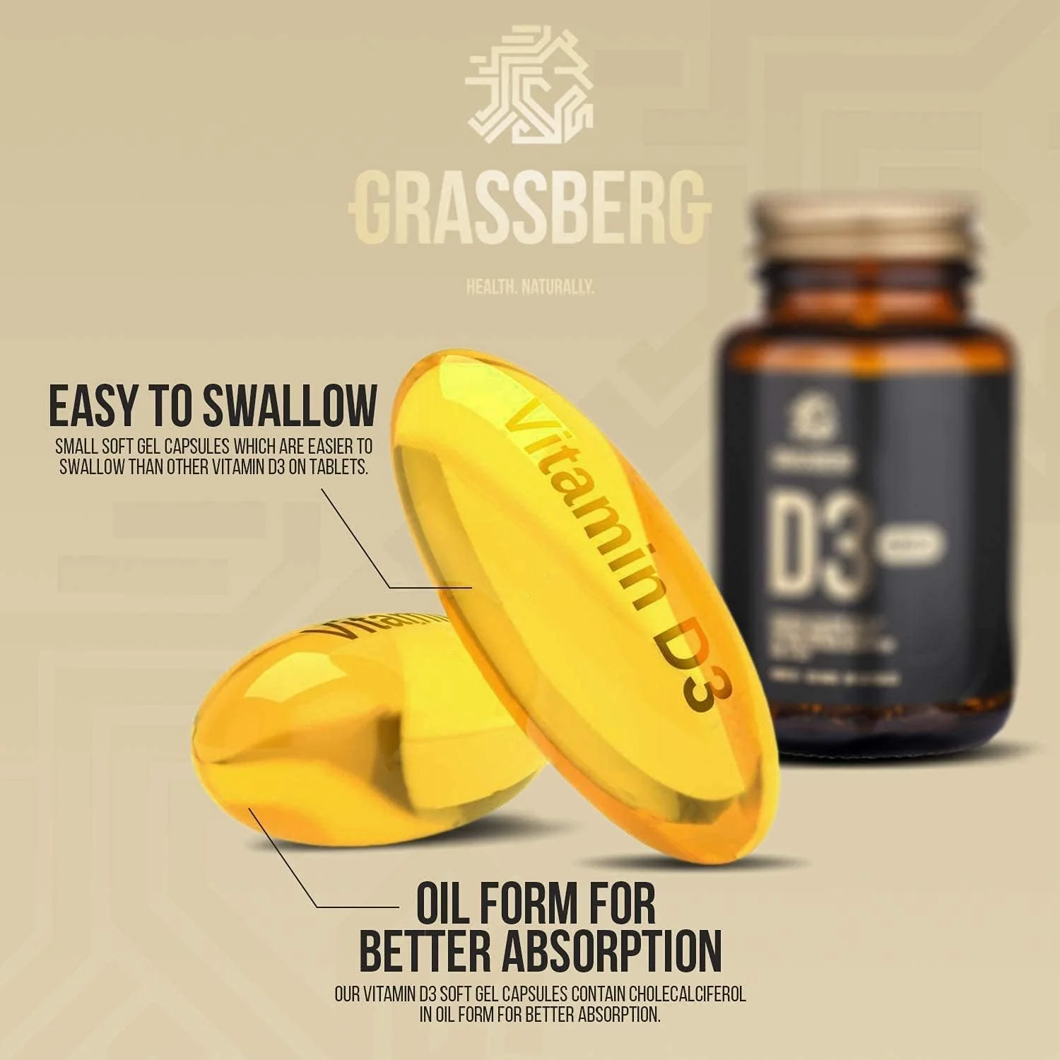 GRASSBERG ویتامین D3 4000 IU - 90 سافت ژل | فرم روغنی برای جذب بالا | بسته بندی شیشه ای سازگار با محیط زیست | برند بریتانیایی GRASSBERG ویتامین D3 4000 IU - 90 سافت ژل | فرم روغنی برای جذب بالا | بسته بندی شیشه ای سازگار با محیط زیست | برند بریتانیایی