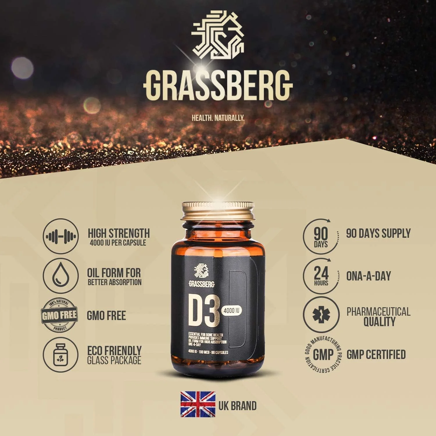 GRASSBERG ویتامین D3 4000 IU - 90 سافت ژل | فرم روغنی برای جذب بالا | بسته بندی شیشه ای سازگار با محیط زیست | برند بریتانیایی GRASSBERG ویتامین D3 4000 IU - 90 سافت ژل | فرم روغنی برای جذب بالا | بسته بندی شیشه ای سازگار با محیط زیست | برند بریتانیایی