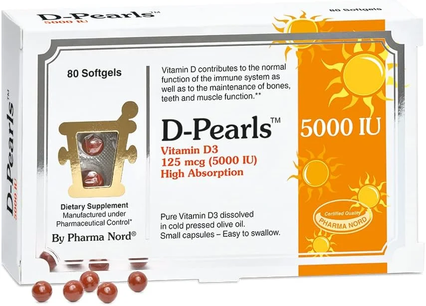 ویتامین D3 5000 IU (125mcg) دی-پرلز | بلع آسان | انتخاب شده برای مطالعه بزرگ ایمنی [1] | مکمل ویتامین D فعال در روغن زیتون پرس سرد برای حمایت از سیستم ایمنی، سلامت دندان، عضله و استخوان