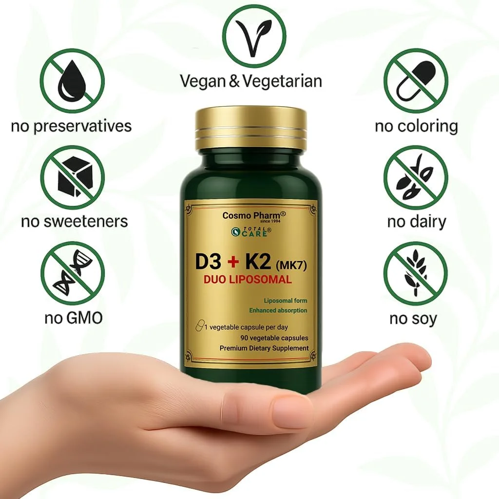 لیپوزومال D3 + K2 (MK-7) - 90 کپسول گیاهی - 1 کپسول در روز - وگان - بدون سویا، بدون مواد نگهدارنده